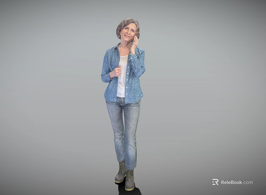 Elderly Woman In Blue Printed Jacket And Jeans Standing Against Gray Background 3d model 
