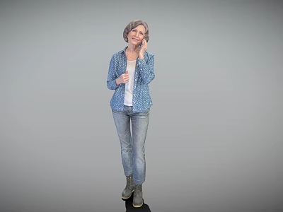 Elderly Woman In Blue Printed Jacket And Jeans Standing Against Gray Background 3d model