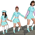 Three Women Holding Hands On Stone Steps Wearing Blue White Checkered Short Skirts And Tops
