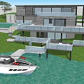 Modern Single-family Villa with Waterfront Lawn Balcony Glass Facade and Yacht