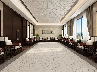 Spacious Hotel Public Lounge Area With Chinese Style Dark Wooden Furniture And Patterned Carpet 3d model