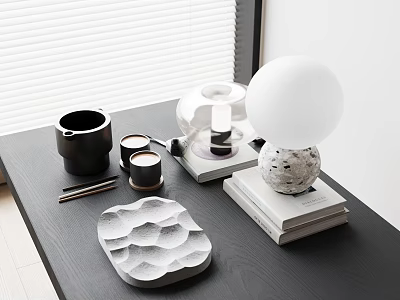Decorative Ornament Set Including White Round Lamp Gray Stone Base Wavy Tray On Black Table 3d model