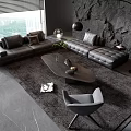 Modern Dark Gray L Shaped Leather Sofa Coffee Table Set With Stone Wall Floor Lamp 3d model