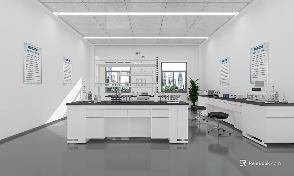 Laboratory Interior With White Lab Benches Scientific Instruments Windows Green Plants And Wall Charts 3d model 