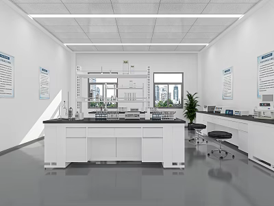 Laboratory Interior With White Lab Benches Scientific Instruments Windows Green Plants And Wall Charts 3d model