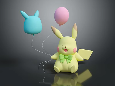Cute Yellow Plush Character Holding Rabbit Head Balloon And Pink Balloon With Green Bow 3d model