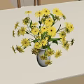 Yellow Flowers Arrangement In White Vase With Green Leaves On Light Background