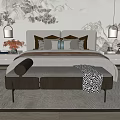 Elegant Double Bed with White Headboard Multiple Pillows Bench and Decorative Wall Art 3d model