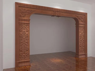 Wooden Door Arch with Carved Patterns in Room with White Walls and Wooden Parquet Floor 3d model