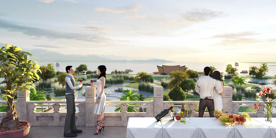 Scenic Garden Landscape on Outdoor Terrace with Greenery Lake Pavilion and Mountains 3d model 