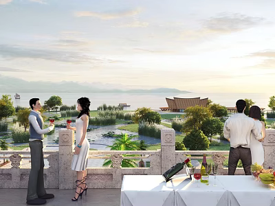 Scenic Garden Landscape on Outdoor Terrace with Greenery Lake Pavilion and Mountains 3d model