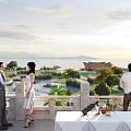 Scenic Garden Landscape on Outdoor Terrace with Greenery Lake Pavilion and Mountains