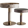 Two Round Side Tables Featuring Leather Wrapped Design And Gold Metal Base 3d model