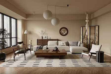 Home Living Room Fabric Sofa Combination Solid Wood Coffee Table Leisure Chair Decorative Cabinet Screen Chandelier 3d model