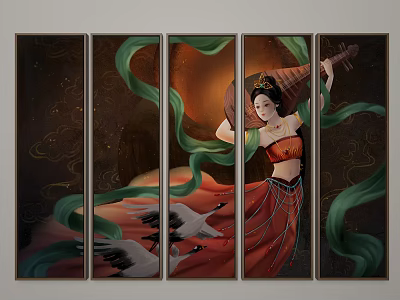 Traditional Figure Painting Of Female In Red Costume Playing Pipa With Green Ribbons And Cranes 3d model