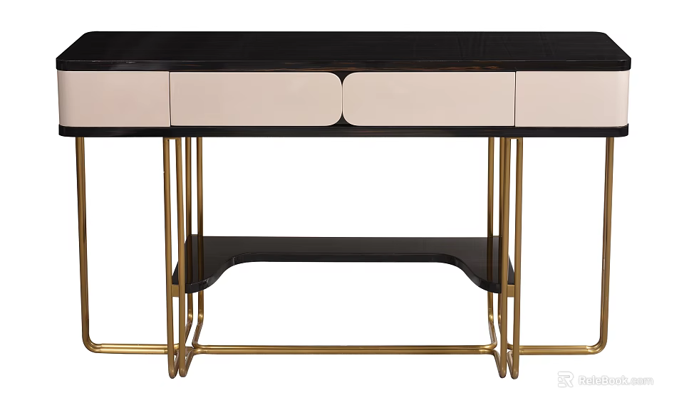 Modern Elegant Dressing Table With Black And Beige Top Gold Metal Frame And Drawers 3d model 