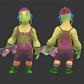 Cartoon Characters Wearing Headphones Purple Tank Tops Green Shorts Holding Skateboards Front Back Views