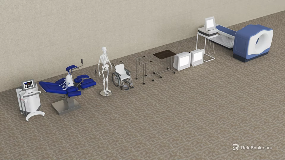 Medical Equipment Collection Featuring Examination Chair Skeleton Model Wheelchair Walker Cabinets And Computer Workstation 3d model 