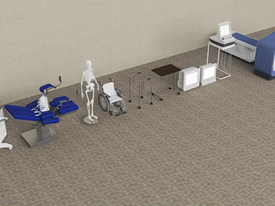 Medical Equipment Collection Featuring Examination Chair Skeleton Model Wheelchair Walker Cabinets And Computer Workstation 3d model