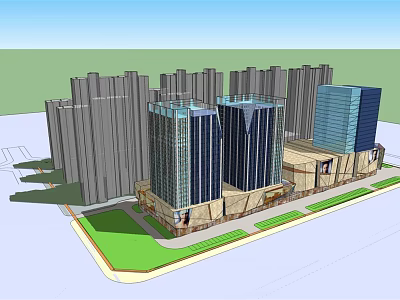 Modern Commercial Complex With High Rise Buildings Glass Curtain Walls And Green Spaces 3d model