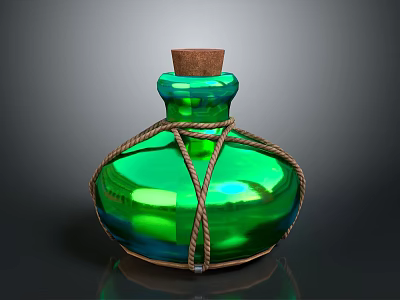 Green Glass Bottle With Cork Stopper And Twisted Rope Wrapping Shiny Surface 3d model