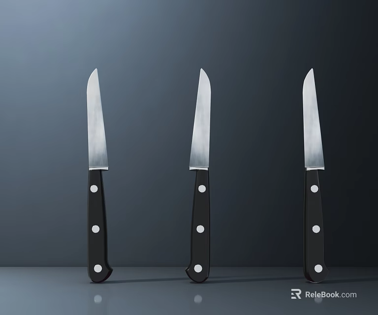 Three Kitchen Knives With Black Handles White Dots And Silver Blades On Gray Background 3d model 