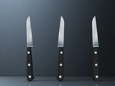 Three Kitchen Knives With Black Handles White Dots And Silver Blades On Gray Background 3d model