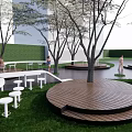 Outdoor Landscape Seats with Circular Wooden Platforms Trees and Green Lawn Design