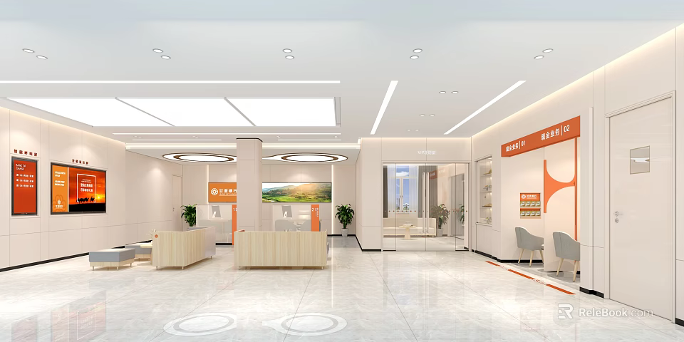 Spacious Modern Bank Interior With Reception Desks Potted Plants Bright Lighting And Decorative Signage 3d model 