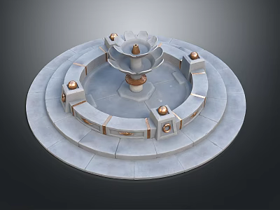 Lush Green Plants Around Circular Stone Fountain With Tiered Steps And Decorative Spheres 3d model