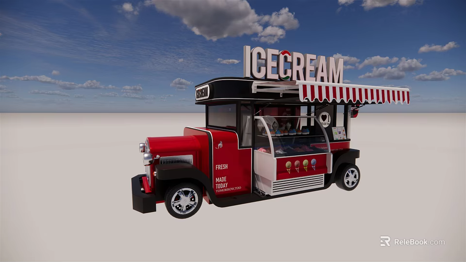 Red Vintage Ice Cream Truck With Canopy 3d model 