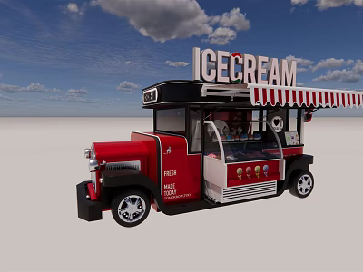 Red Vintage Ice Cream Truck With Canopy 3d model