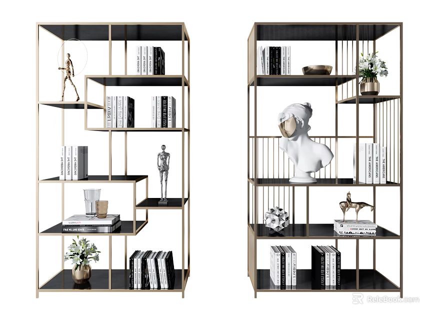 Modern Metal Shelving Units With Layered Design And Decorative Books Sculptures Plants 3d model 
