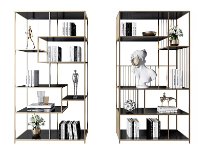 Modern Metal Shelving Units With Layered Design And Decorative Books Sculptures Plants 3d model