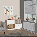 Wooden White Entryway Side Cabinet With Drawers Open Shelves Books Magazines Green Plants Wall Art