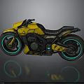 Futuristic Cyberpunk Yellow Motorcycle With Black Seat And Blue Neon Rims