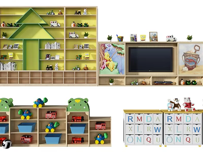 Colorful Kids Decorative Cabinet With Tree Shaped Design Frog Elements And Toys 3d model