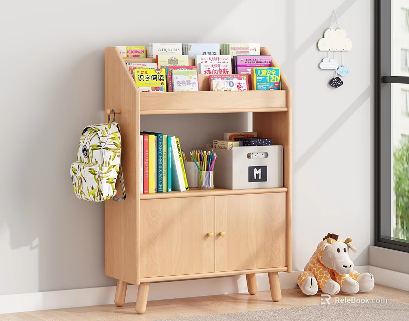 Light Wooden Kids Bookcase With Colorful Books Storage Box Plush Toy And Cloud Decor 3d model 