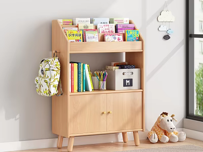 Light Wooden Kids Bookcase With Colorful Books Storage Box Plush Toy And Cloud Decor 3d model