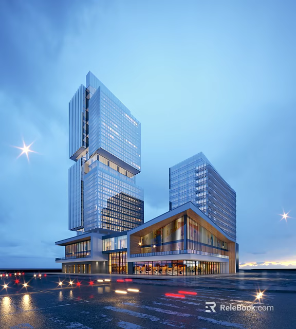 Modern High Rise Office Building With Glass Curtain Wall And Night Lighting 3d model 