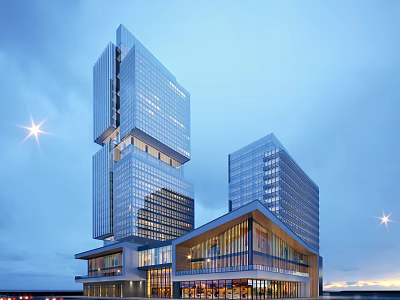 Modern High Rise Office Building With Glass Curtain Wall And Night Lighting 3d model