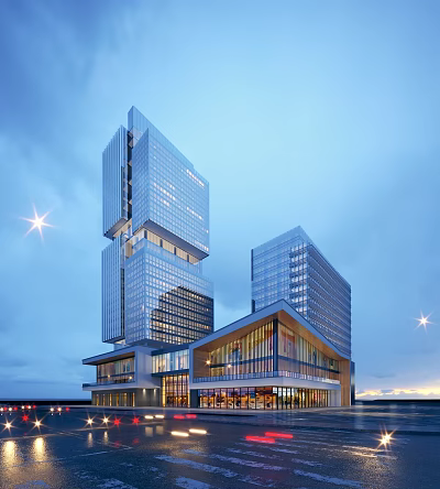 Modern High Rise Office Building With Glass Curtain Wall And Night Lighting 3d model