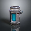 Silver Metal Cylindrical Weapon With Blue Glowing Section Rivets And Black Handle 3d model