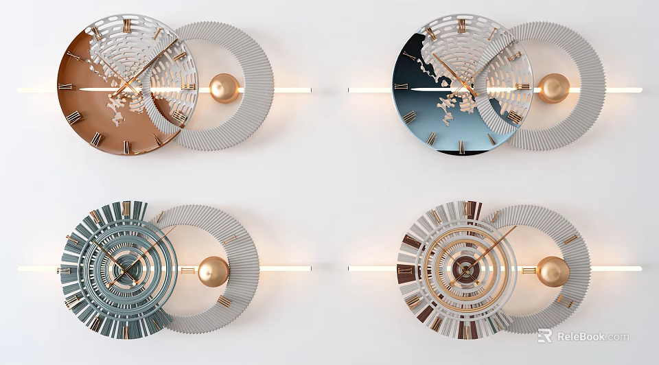 Modern Decorative Wall Clocks With Globe Design Metal Rings And Copper Blue Gray Frames 3d model 