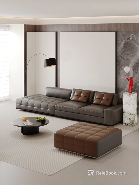 Modern Gray Sofa Coffee Table Set with Brown Cushions Round Coffee Table and Brown Ottoman 3d model 