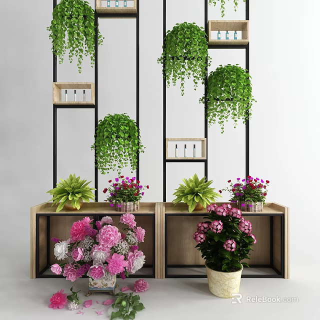 Indoor Bonsai and Potted Plants Decor on Wooden Shelf with Green and Flowering Varieties 3d model 
