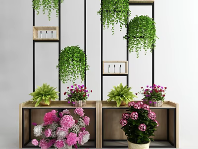 Indoor Bonsai and Potted Plants Decor on Wooden Shelf with Green and Flowering Varieties 3d model