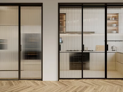 Modern Framed Sliding Doors with Ribbed Glass for Kitchen Interior and Open Space 3d model
