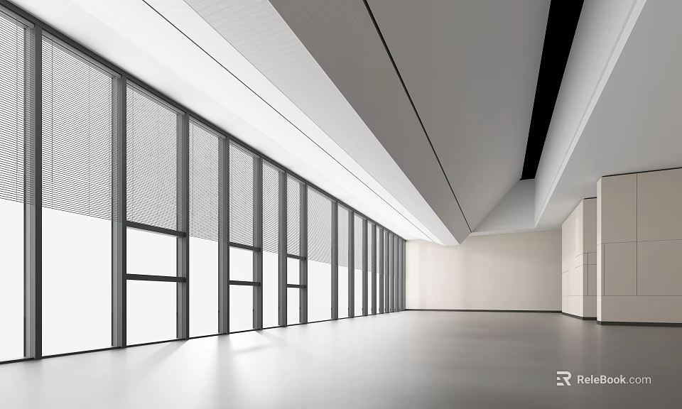 Modern Elevator Hallway With Large Striped Glass Windows Linear Ceiling And Smooth Bright Floor 3d model 
