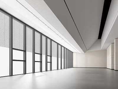 Modern Elevator Hallway With Large Striped Glass Windows Linear Ceiling And Smooth Bright Floor 3d model